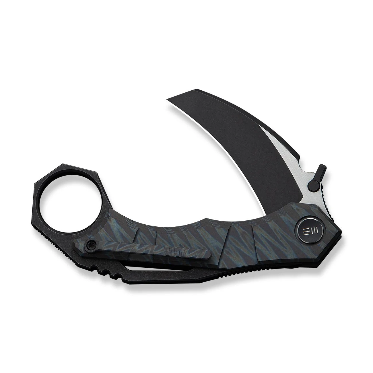 WEKNIFE Tayra Flipper Knife Tiger Stripe Pattern Flamed Titanium Handle Black Titanium Integral Backspacer & Finger Ring (2.19" Black Stonewashed Bohler M390 Blade, Satin Flat) WE24069-4 - Image 5
