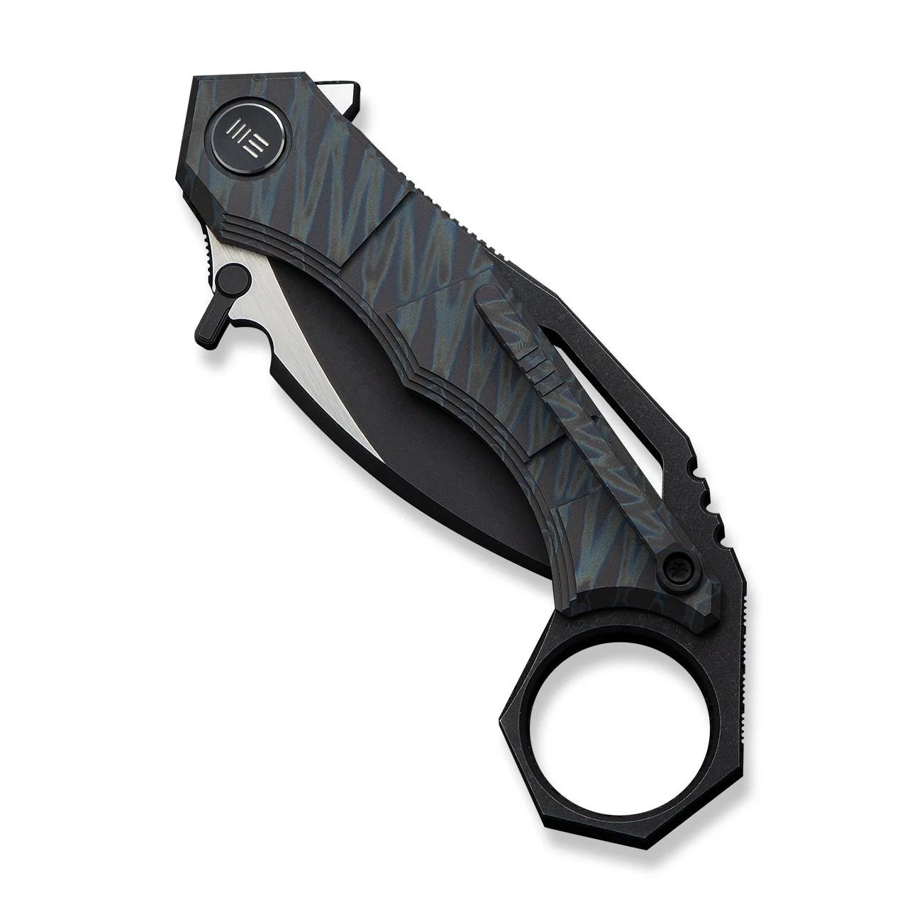 WEKNIFE Tayra Flipper Knife Tiger Stripe Pattern Flamed Titanium Handle Black Titanium Integral Backspacer & Finger Ring (2.19" Black Stonewashed Bohler M390 Blade, Satin Flat) WE24069-4 - Image 6