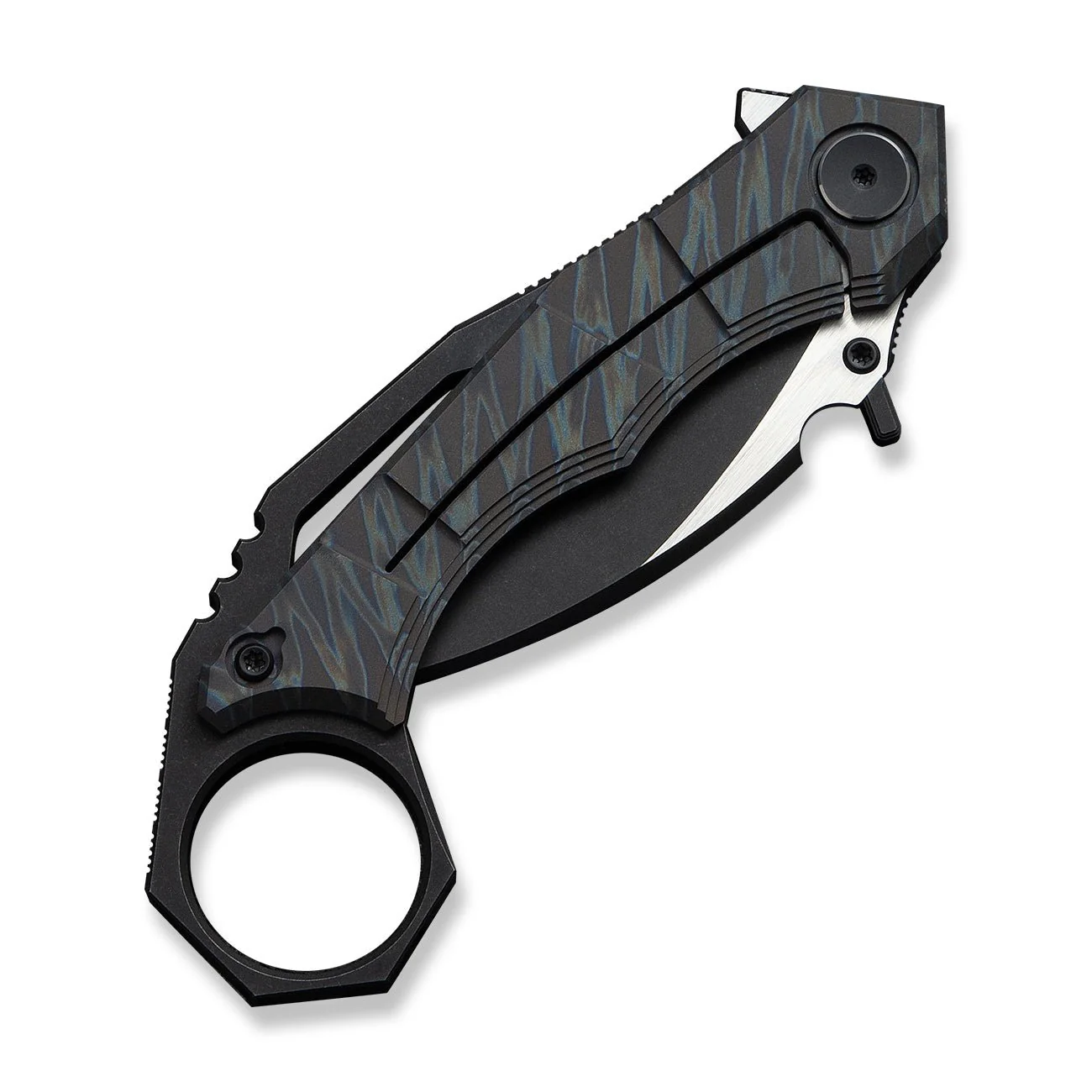 WEKNIFE Tayra Flipper Knife Tiger Stripe Pattern Flamed Titanium Handle Black Titanium Integral Backspacer & Finger Ring (2.19" Black Stonewashed Bohler M390 Blade, Satin Flat) WE24069-4 - Image 7