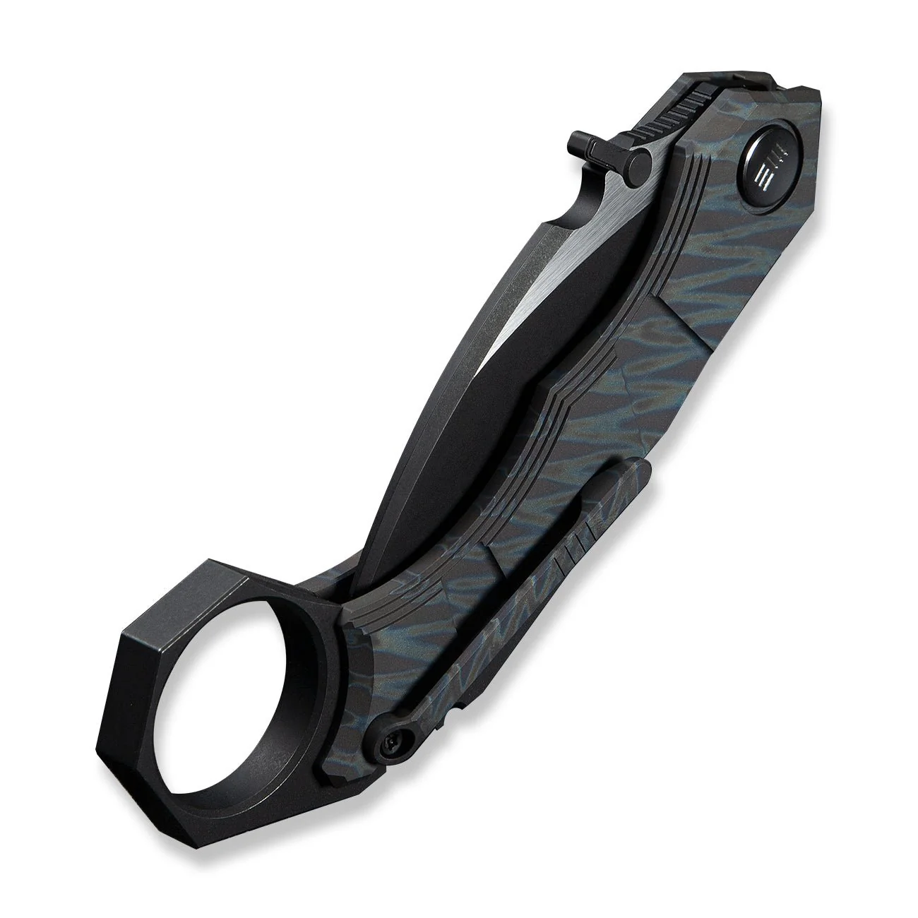 WEKNIFE Tayra Flipper Knife Tiger Stripe Pattern Flamed Titanium Handle Black Titanium Integral Backspacer & Finger Ring (2.19" Black Stonewashed Bohler M390 Blade, Satin Flat) WE24069-4 - Image 8