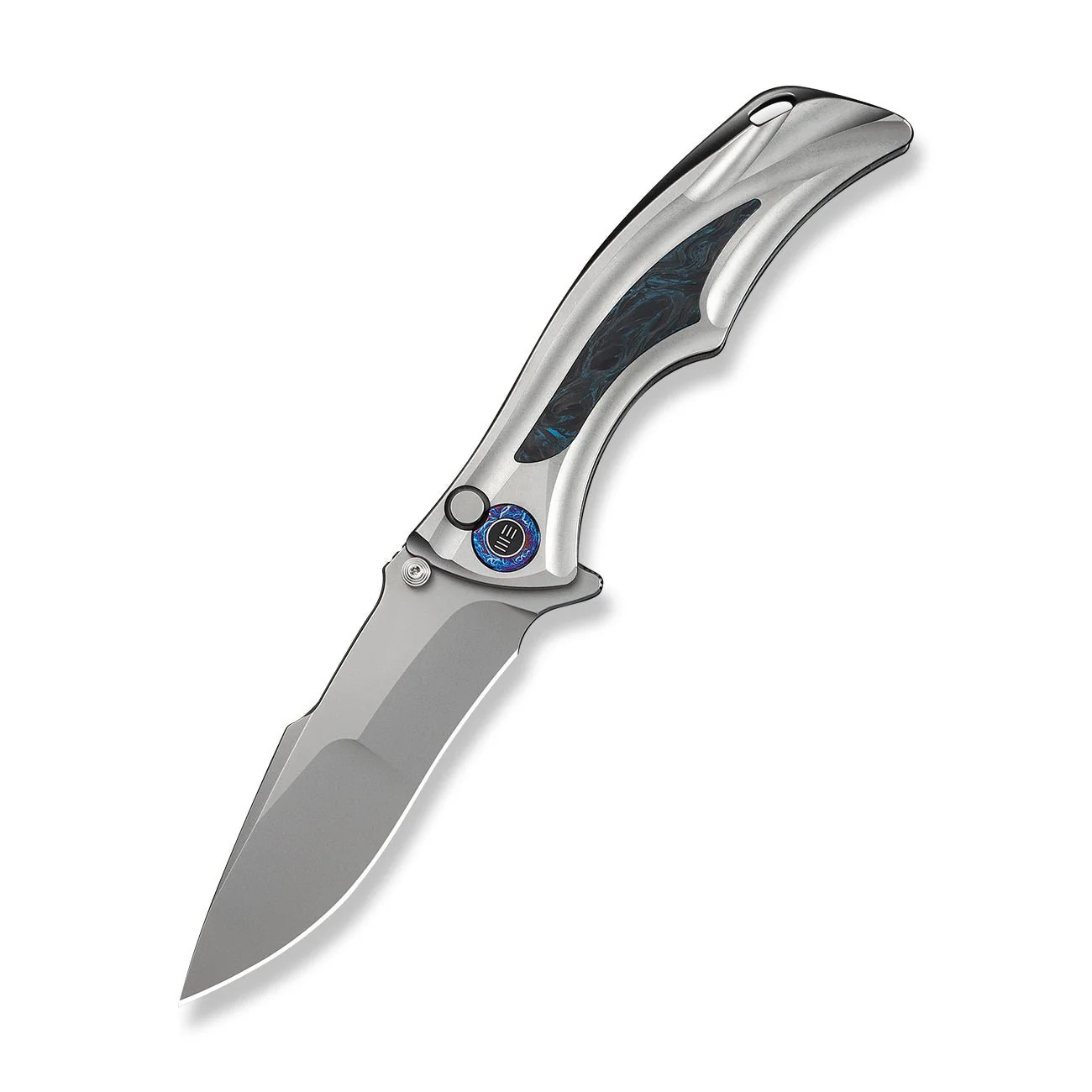 WEKNIFE Tighe Down Flipper & Thumb Stud & Button Lock Knife Gray Titanium Integral Handle With Black & Blue Carbon Fiber Inlay (4" Stonewashed Bohler M390 Blade, Drop Point) WE24054-1 - Image 3