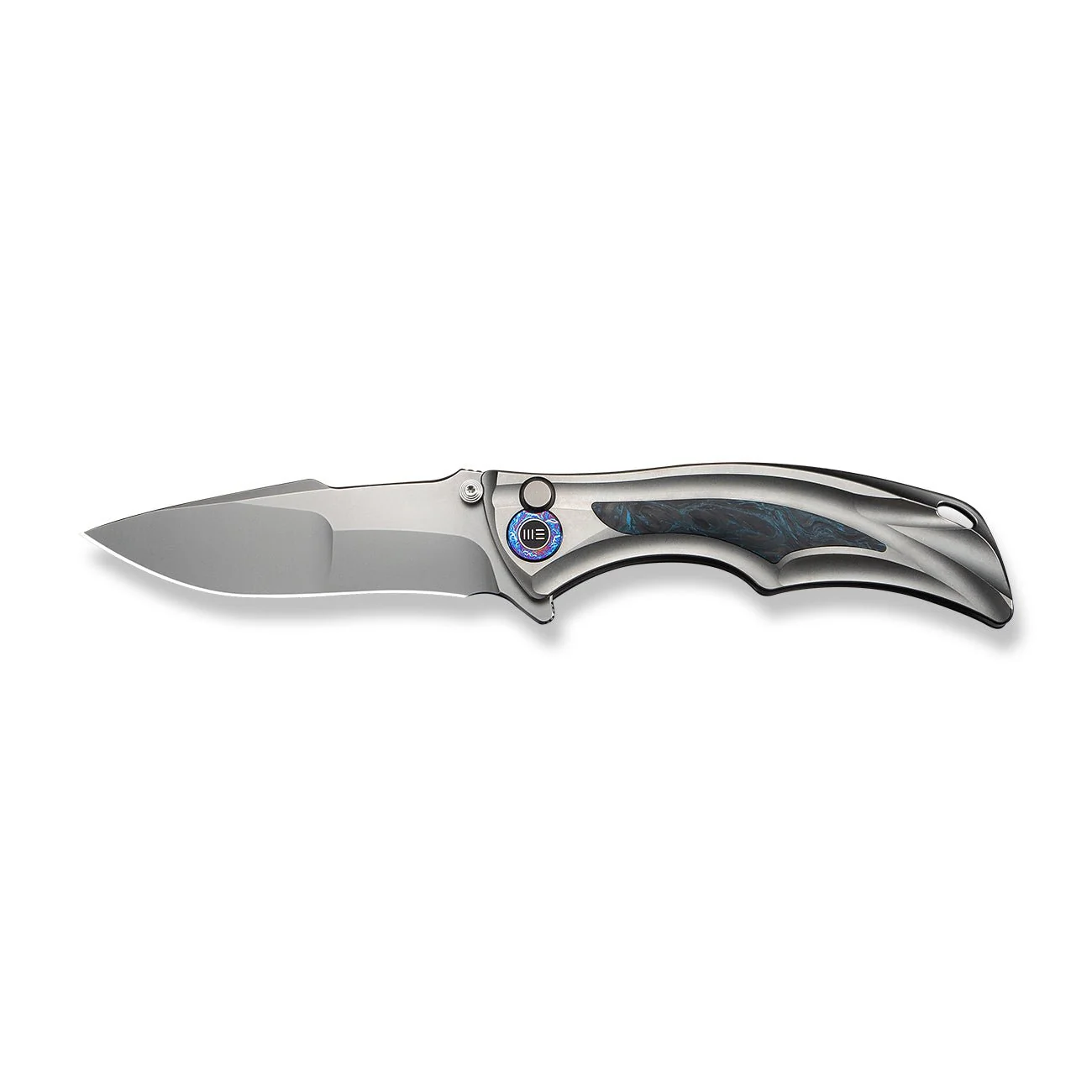 WEKNIFE Tighe Down Flipper & Thumb Stud & Button Lock Knife Gray Titanium Integral Handle With Black & Blue Carbon Fiber Inlay (4" Stonewashed Bohler M390 Blade, Drop Point) WE24054-1 - Image 4
