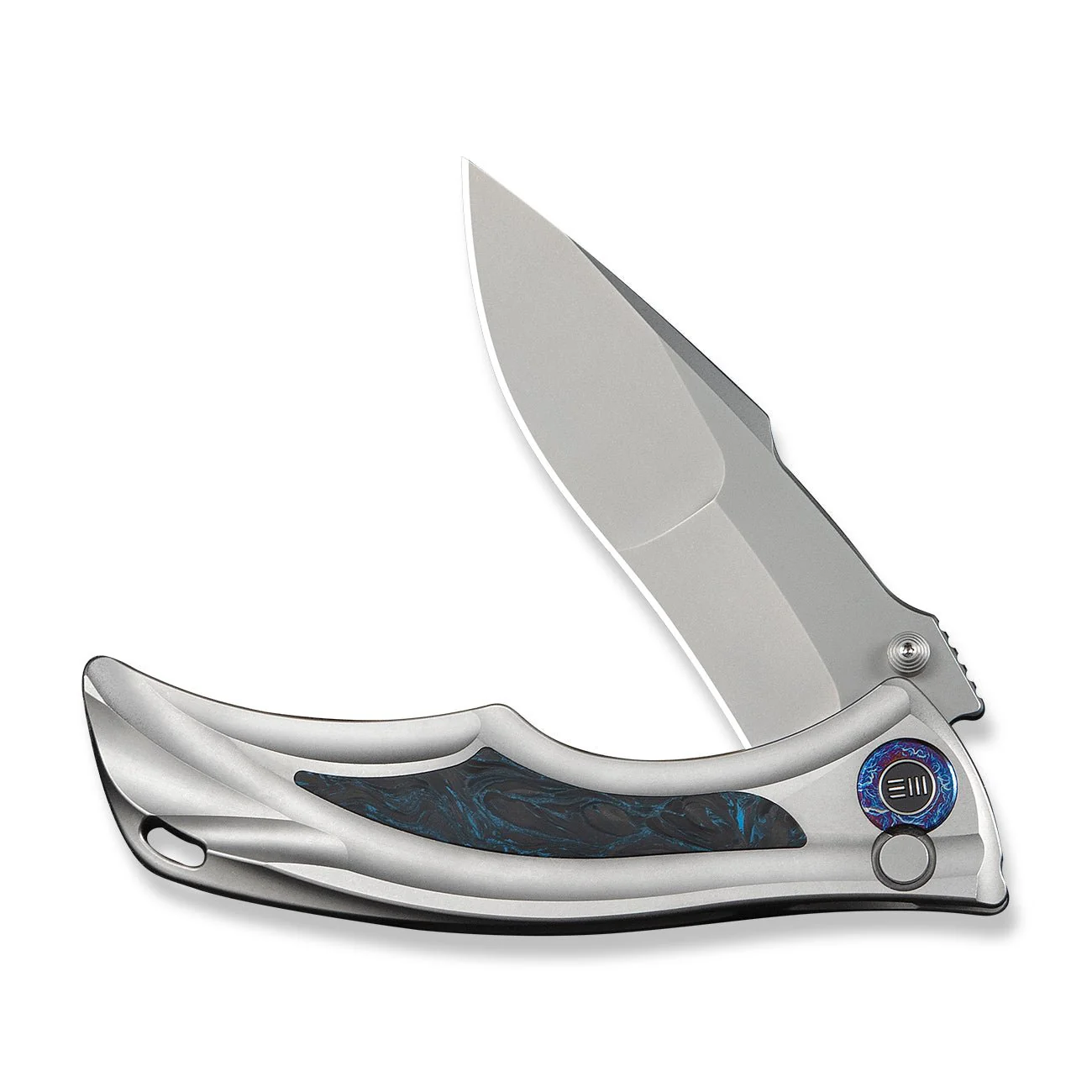 WEKNIFE Tighe Down Flipper & Thumb Stud & Button Lock Knife Gray Titanium Integral Handle With Black & Blue Carbon Fiber Inlay (4" Stonewashed Bohler M390 Blade, Drop Point) WE24054-1 - Image 5
