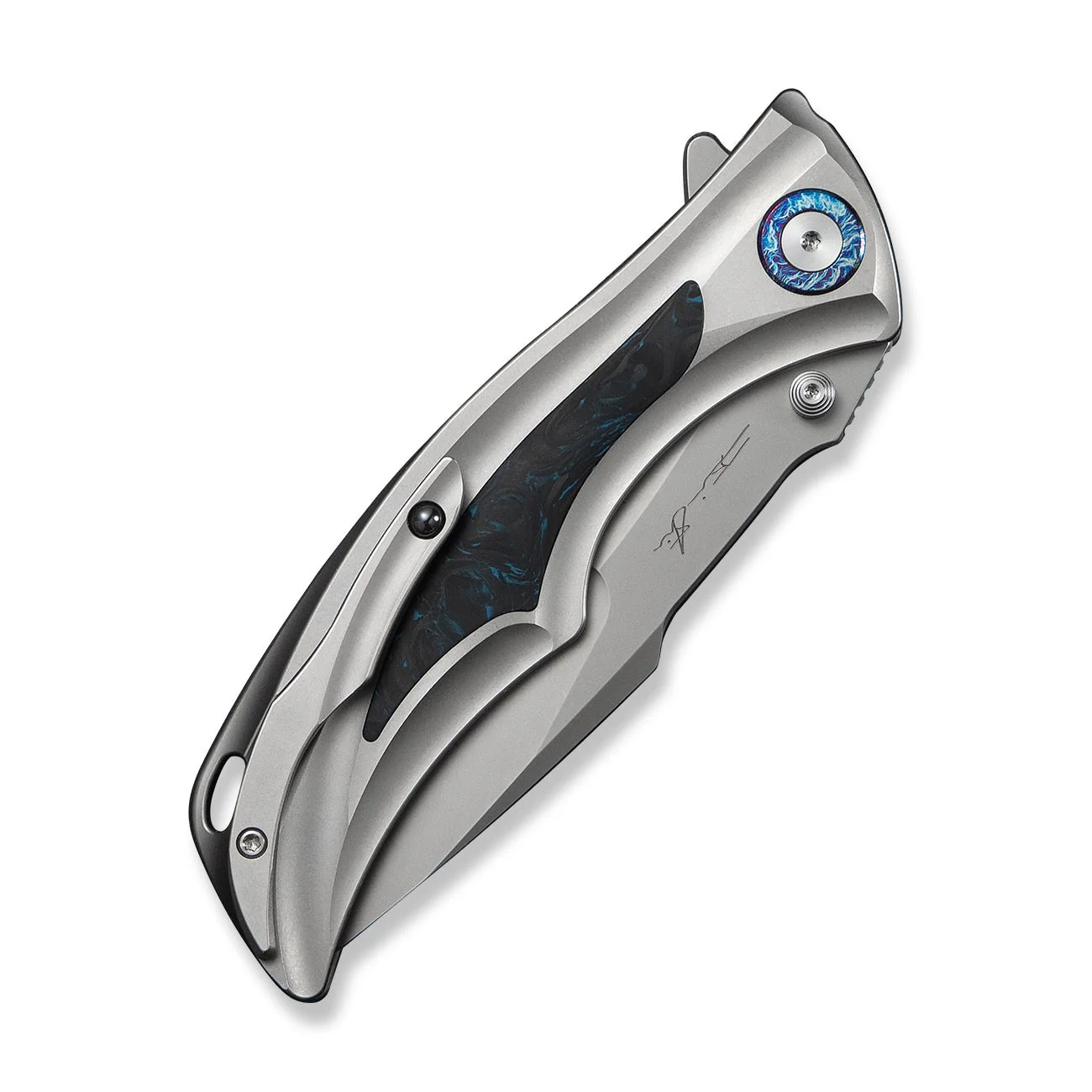 WEKNIFE Tighe Down Flipper & Thumb Stud & Button Lock Knife Gray Titanium Integral Handle With Black & Blue Carbon Fiber Inlay (4" Stonewashed Bohler M390 Blade, Drop Point) WE24054-1 - Image 7