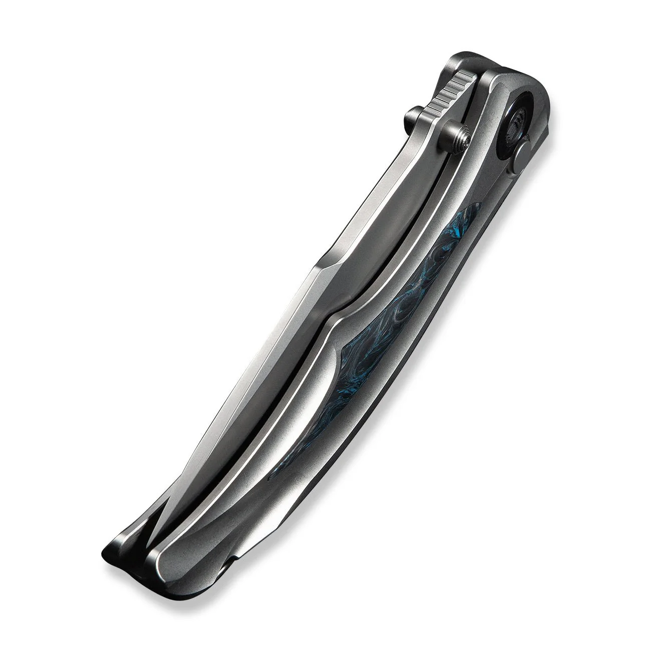 WEKNIFE Tighe Down Flipper & Thumb Stud & Button Lock Knife Gray Titanium Integral Handle With Black & Blue Carbon Fiber Inlay (4" Stonewashed Bohler M390 Blade, Drop Point) WE24054-1 - Image 8