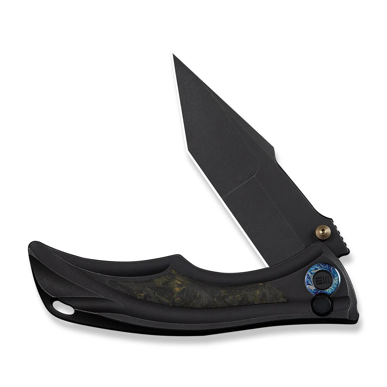 WEKNIFE Tighe Down Flipper & Thumb Stud & Button Lock Knife Black Titanium Integral Handle With Black & Yellow Carbon Fiber Inlay (4" Black Stonewashed Bohler M390 Blade, Tanto) WE24054B-1 - Image 5