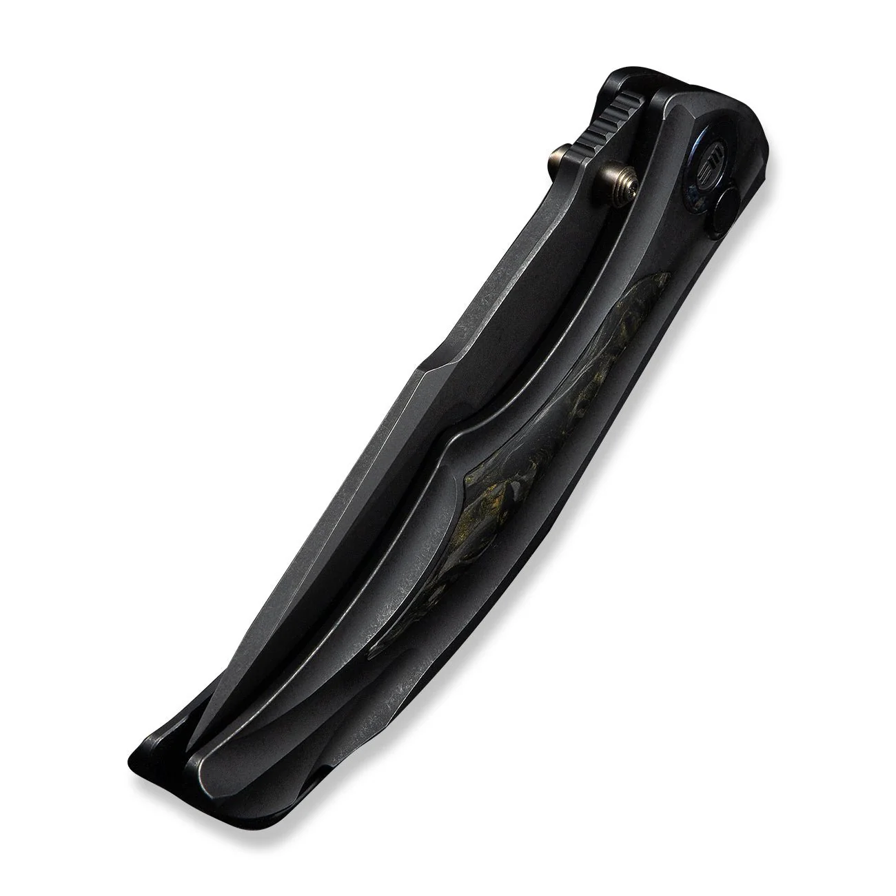 WEKNIFE Tighe Down Flipper & Thumb Stud & Button Lock Knife Black Titanium Integral Handle With Black & Yellow Carbon Fiber Inlay (4" Black Stonewashed Bohler M390 Blade, Tanto) WE24054B-1 - Image 8
