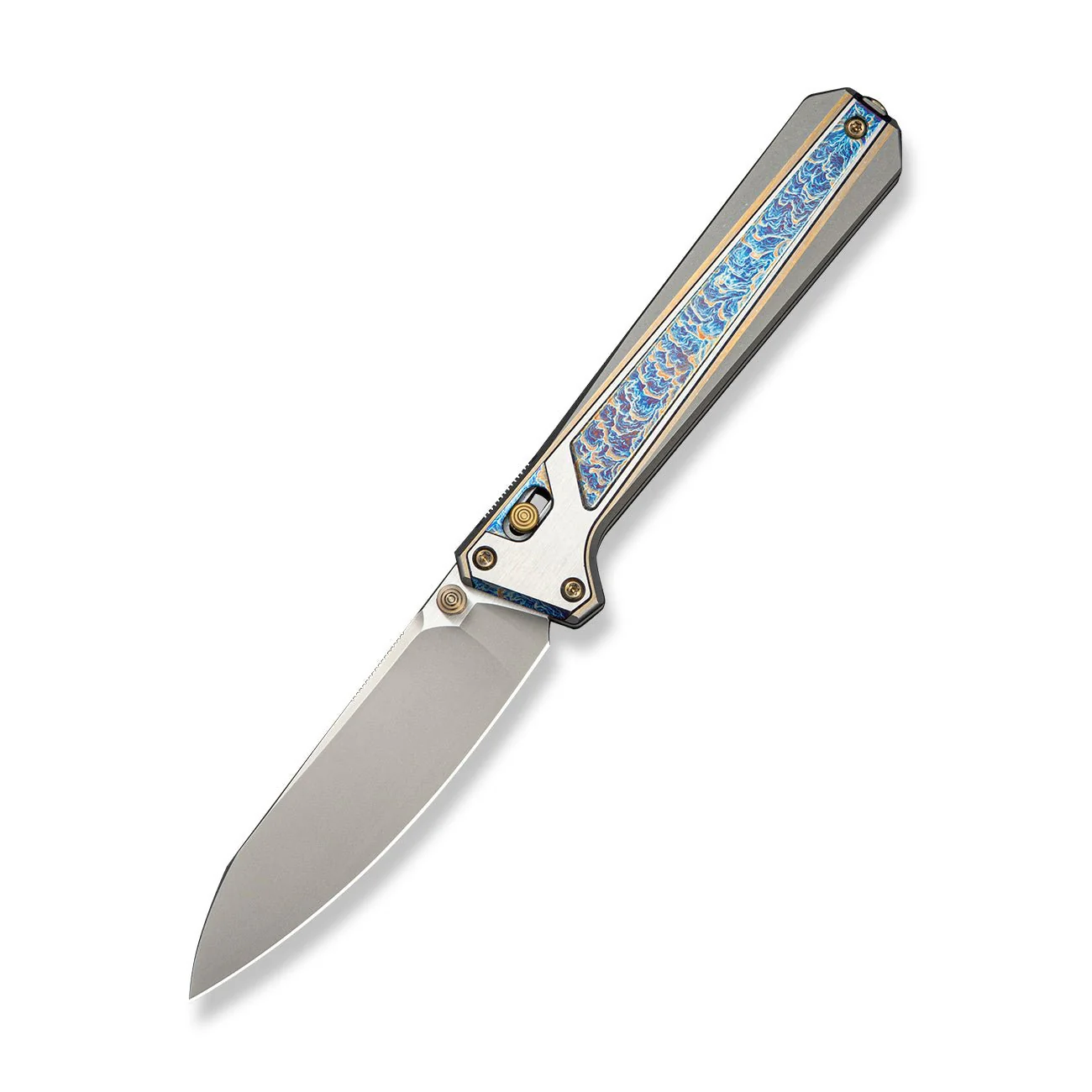 WEKNIFE Trion Thumb Stud & Crossbar Lock Knife Gray / Flamed / Golden / Satin Titanium Handle ( 3.78" Stonewashed Bohler M390 Blade, Satin Flat) WE25069 Sample1 - Image 3