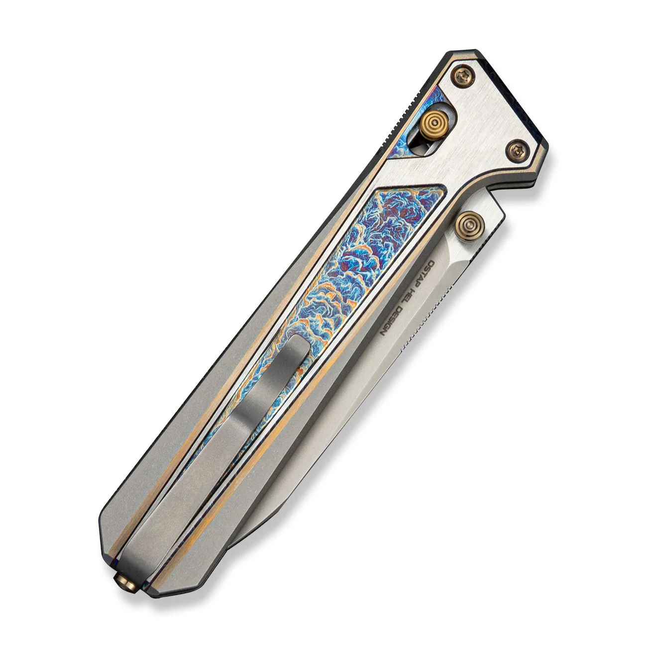 WEKNIFE Trion Thumb Stud & Crossbar Lock Knife Gray / Flamed / Golden / Satin Titanium Handle ( 3.78" Stonewashed Bohler M390 Blade, Satin Flat) WE25069 Sample1 - Image 4