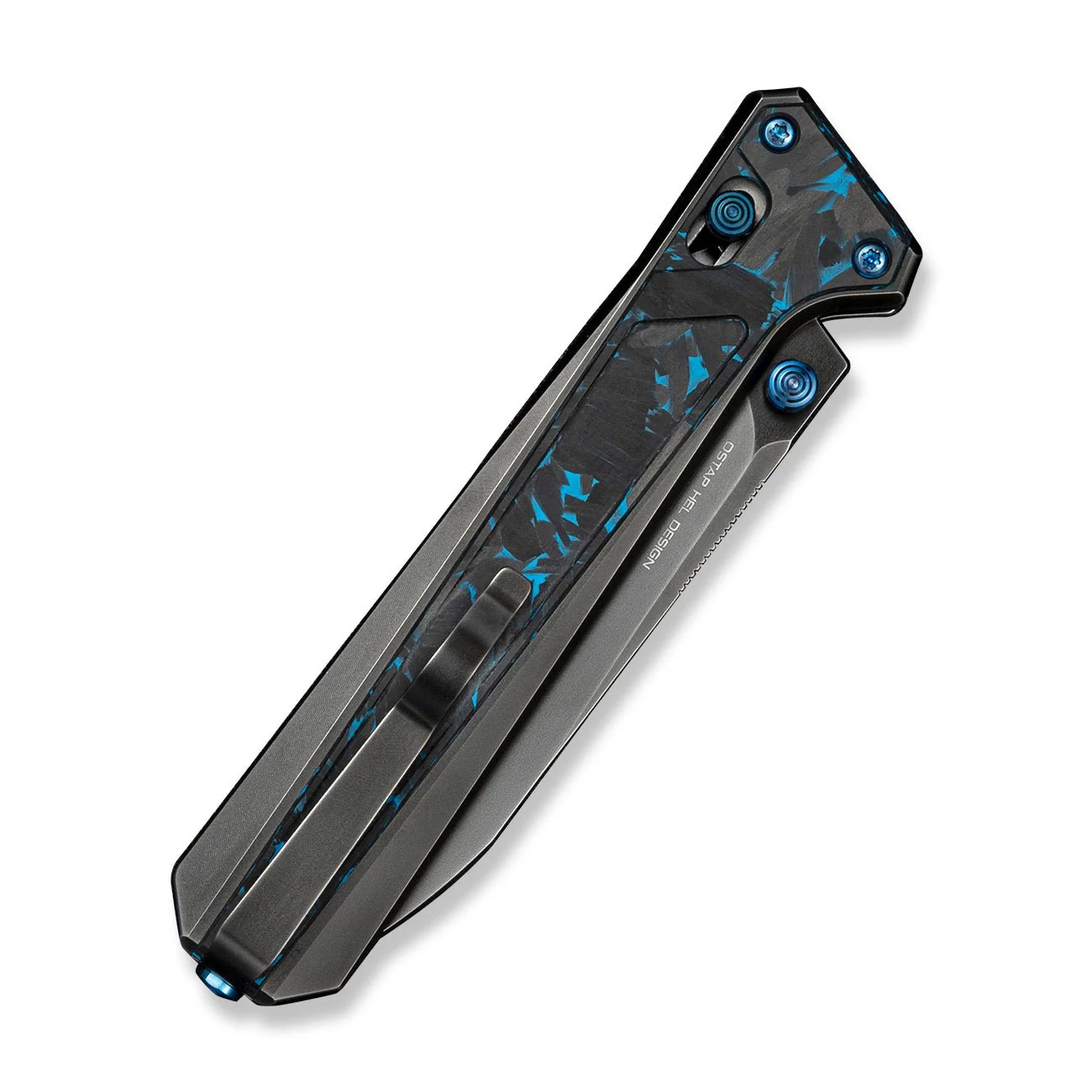 WEKNIFE Trion Thumb Stud & Crossbar Lock Knife Black Titanium With Black & Blue Carbon Fiber Inlay ( 3.78" Polished Gray Bohler M390 Blade) WE25069 Sample2 - Image 4