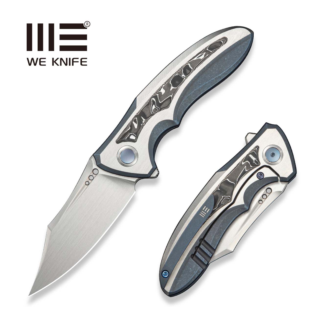 WEKNIFE VARG Flipper Knife Blue & Gray Titanium With Black & White Aluminum Foil Carbon Fiber Inlay (2.96" Hand Rubbed Satin Bohler M390 Blade) WE25074 Sample2