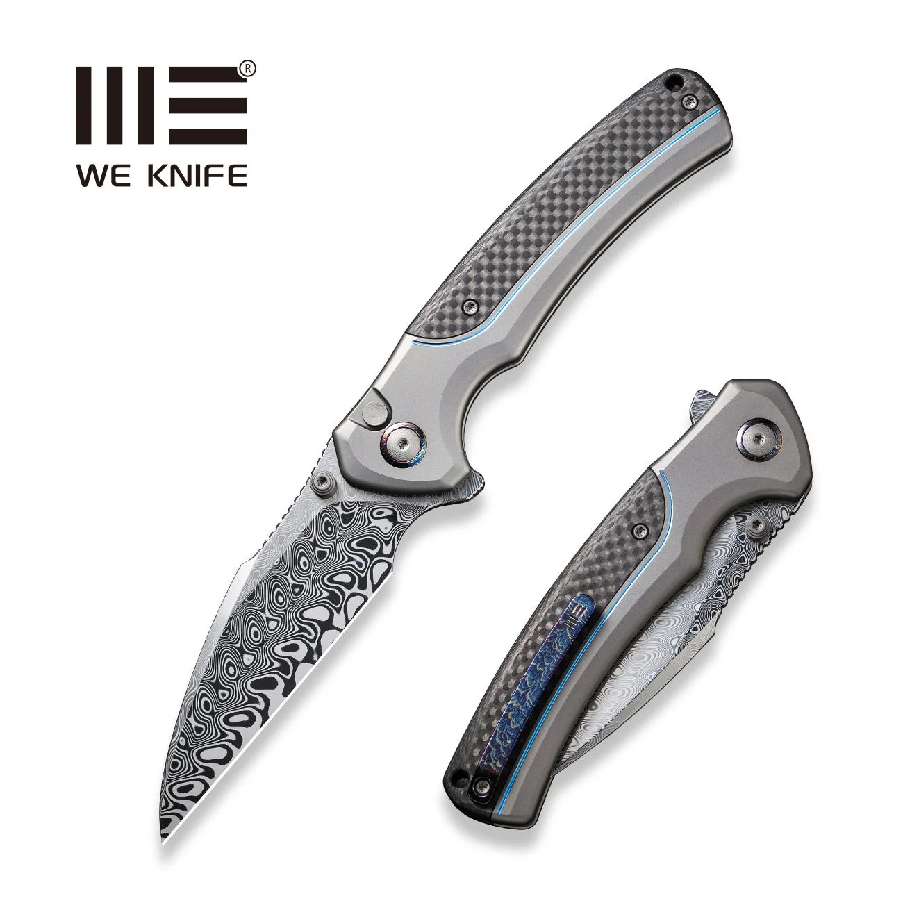 WEKNIFE Ziffius Flipper & Thumb Stud & Button Lock Knife Titanium & Carbon Fiber Handle (3.7" Damasteel Blade) WE22024A-DS1