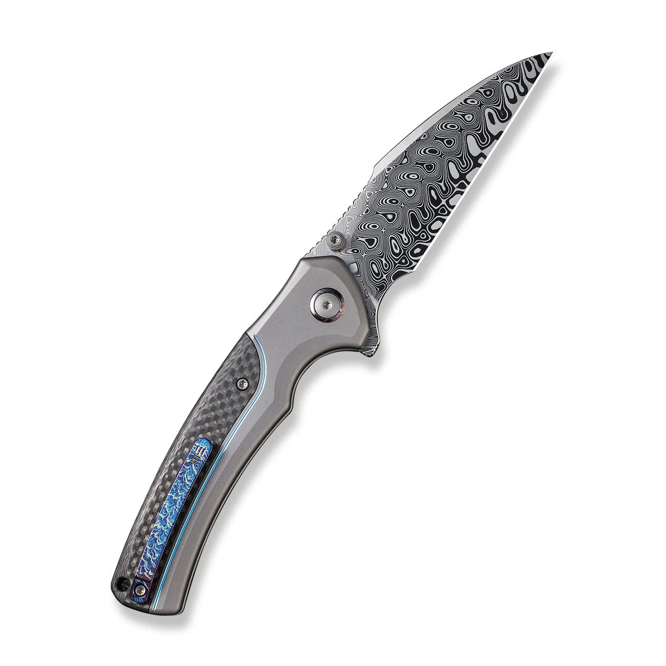 WEKNIFE Ziffius Flipper & Thumb Stud & Button Lock Knife Titanium & Carbon Fiber Handle (3.7" Damasteel Blade) WE22024A-DS1 - Image 2