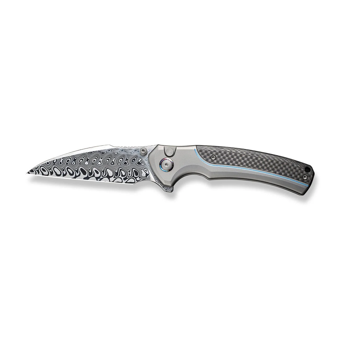 WEKNIFE Ziffius Flipper & Thumb Stud & Button Lock Knife Titanium & Carbon Fiber Handle (3.7" Damasteel Blade) WE22024A-DS1 - Image 4