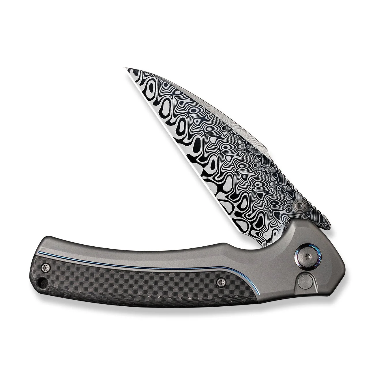 WEKNIFE Ziffius Flipper & Thumb Stud & Button Lock Knife Titanium & Carbon Fiber Handle (3.7" Damasteel Blade) WE22024A-DS1 - Image 5