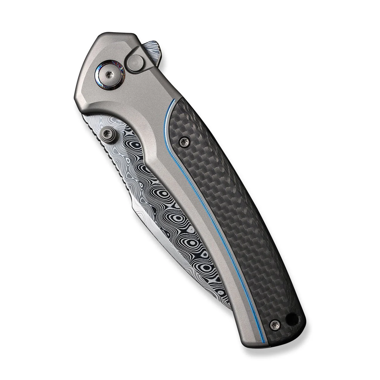 WEKNIFE Ziffius Flipper & Thumb Stud & Button Lock Knife Titanium & Carbon Fiber Handle (3.7" Damasteel Blade) WE22024A-DS1 - Image 6